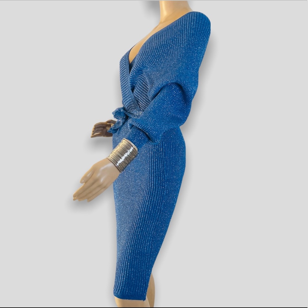 Shiny Knitted Women’s Blue Sweater Dress